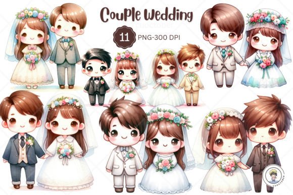 Adorable Watercolor Kawaii Couple Wedding Clipart for Your Projects