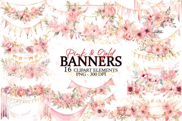 Enchanting Pink and Gold Wedding Banner Clipart for Creative Projects