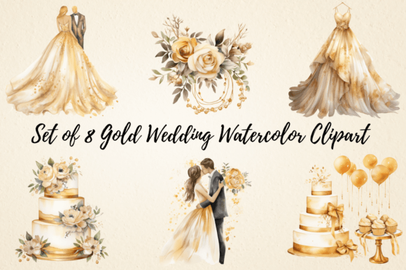 Gold Wedding Watercolor Clipart: Elegant Assets for Your Designs