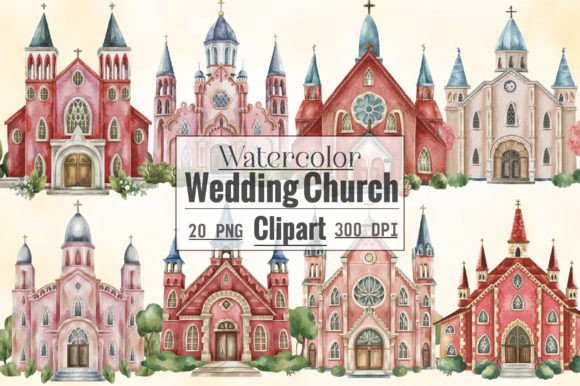 Watercolor Wedding Church Clipart: Soft, Romantic Design Elements