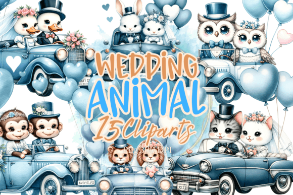 Whimsical Charm: Animal Wedding Driving a Classic Car Clipart